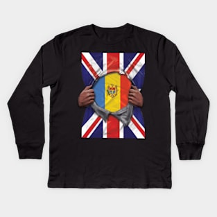 Moldova Flag Great Britain Flag Ripped - Gift for Moldovan From Moldova Kids Long Sleeve T-Shirt